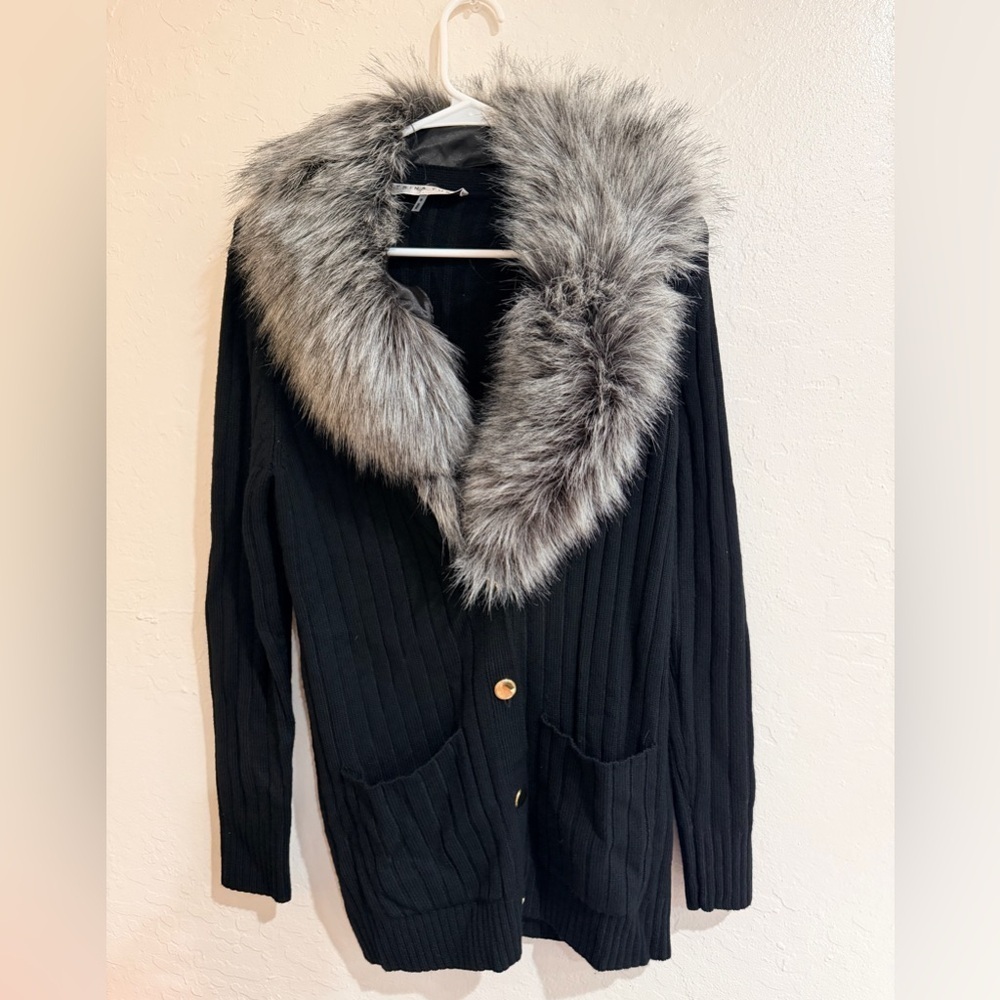 Trina Turk Black Cardigan With Detachable Fur Size s